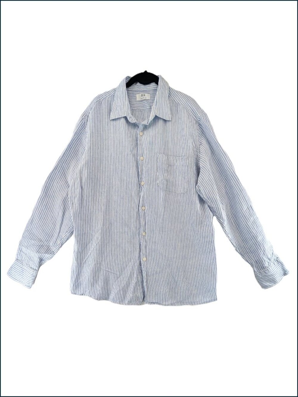 Uniqlo 100% Linen Shirt Mens Sz XL Blue Stripe Pocket Long Sleeve Buttons Summer